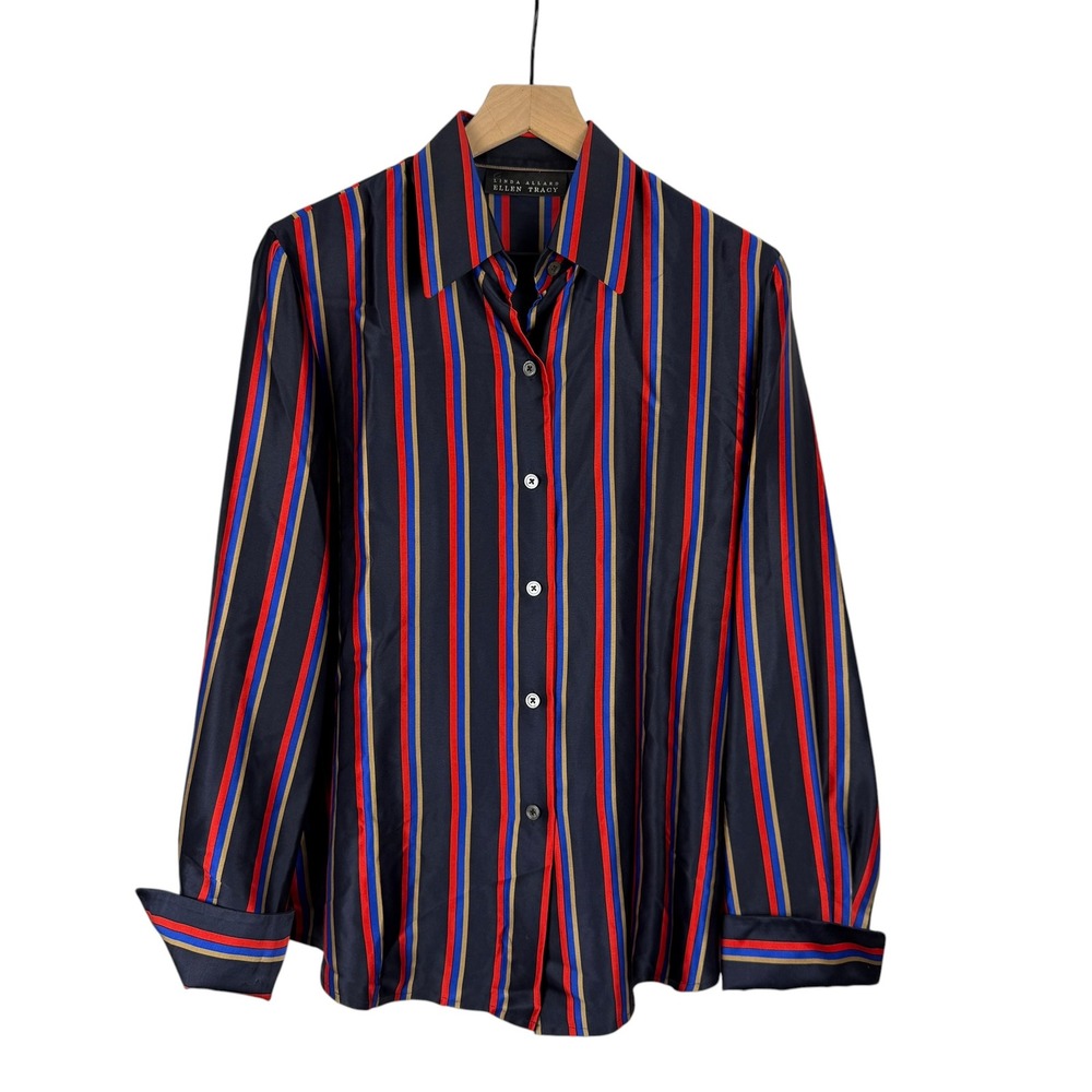 Vintage Linda Allard Ellen Tracy Silk Blouse Top 12 Navy Blue Red Striped Button
